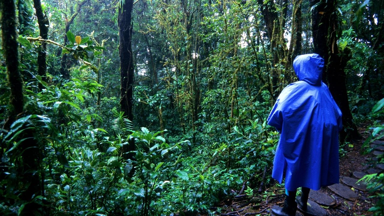 wearing poncho to stay dry when hiking in the rain