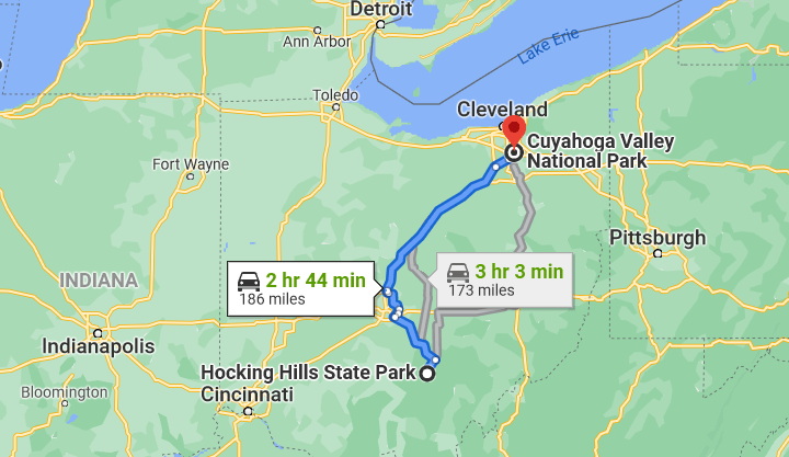 cuyahoga valley national park and hocking hills state park map