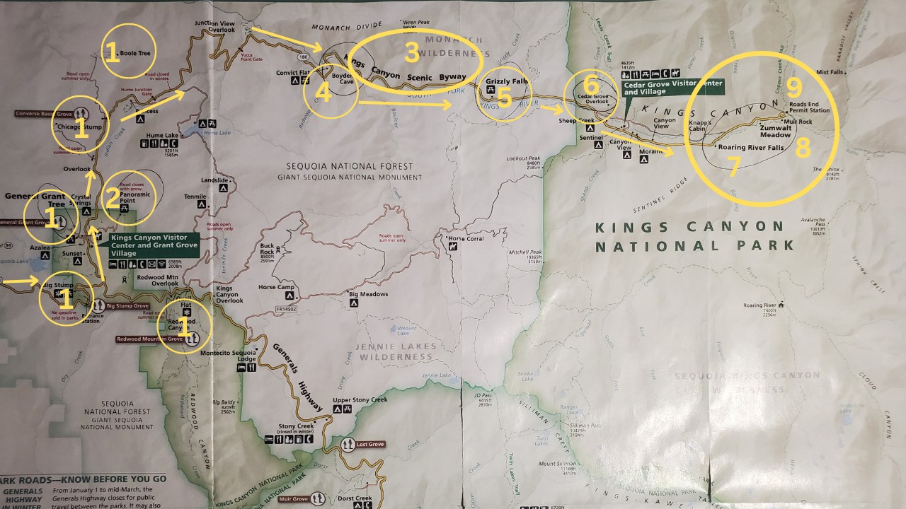 kings canyon national park map one day trip