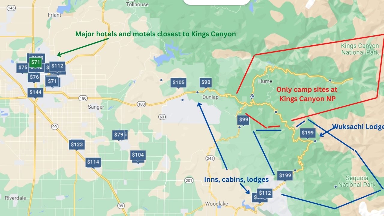 places to stay in kings canyon national map