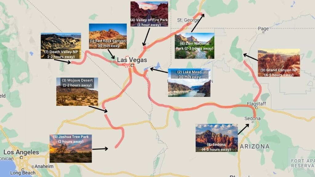 day trips from las vegas map of places