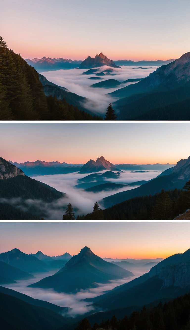 A serene mountain landscape at sunrise, with misty valleys and towering peaks